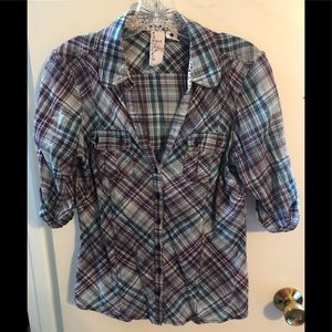 3/4 Sleeve Button Up Plaid shirt